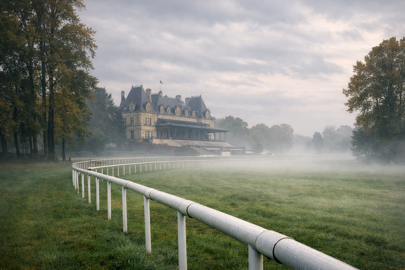 L'hippodrome de Compiègne sous la brume d'octobre — les haies du Quinté+ Prix de Beaune